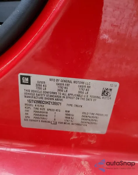 2017 GMC Sierra K1500 Sle z USA, uszkodzony, nr VIN 1GTV2MEC5HZ126971